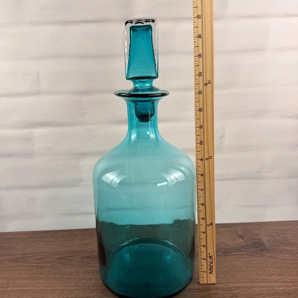 Z Gallerie Large Teal Blue Art Glass Decanter Square Stopper 17
